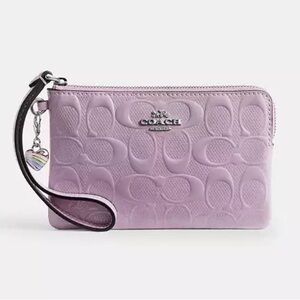 Coach Corner Zip Signature Wristlet with Heart  Charm in Light Violet